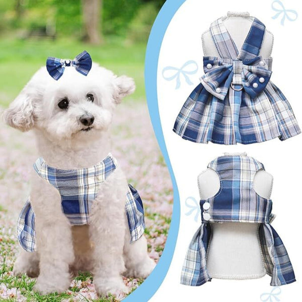 Dog Dress Bowknot Harness Leash Set For Small Dogs Cute Plaid Princess Outfit (Blue Medium) Dog Clothing & Shoes