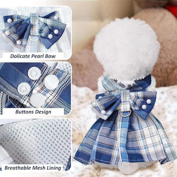 Dog Dress Bowknot Harness Leash Set For Small Dogs Cute Plaid Princess Outfit (Blue Medium) Dog Clothing & Shoes