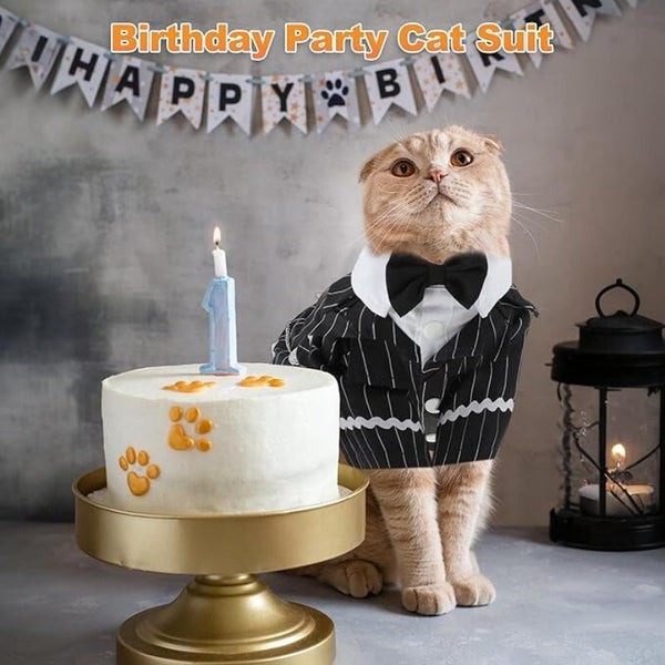 Dog & Cat Tuxedo Suit With Bow Tie Formal Black White Striped Pet Costume Shirt Dog Clothing & Shoes