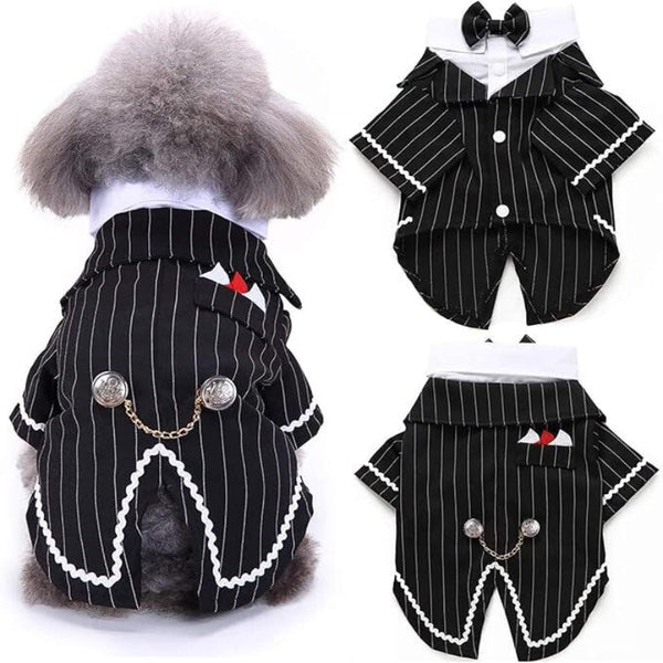 Dog & Cat Tuxedo Suit With Bow Tie Formal Black White Striped Pet Costume Shirt Dog Clothing & Shoes