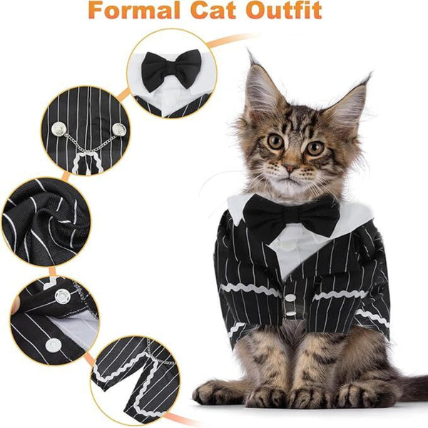 Dog & Cat Tuxedo Suit With Bow Tie Formal Black White Striped Pet Costume Shirt Dog Clothing & Shoes