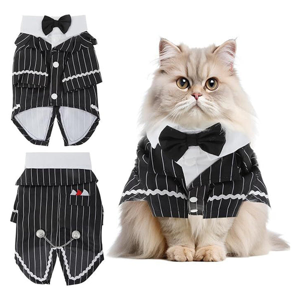 Dog Cat Tuxedo Suit With Bow Tie Formal Black And White Striped Pet Costume Shirt Elegant Wedding Outfit Birthday Party Attire Maltese Dachshund Yorki