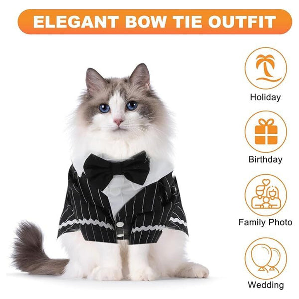 Dog Cat Tuxedo Suit With Bow Tie Formal Black And White Striped Pet Costume Shirt Elegant Wedding Outfit Birthday Party Attire Maltese Dachshund Yorki