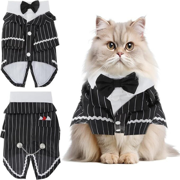 Dog Cat Tuxedo Suit With Bow Tie Formal Black And White Striped Pet Costume Shirt Elegant Wedding Outfit Birthday Party Attire Maltese Dachshund Yorki