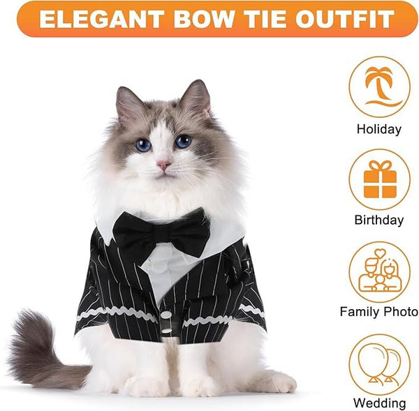 Dog Cat Tuxedo Suit With Bow Tie Formal Black And White Striped Pet Costume Shirt Elegant Wedding Outfit Birthday Party Attire Maltese Dachshund Yorki