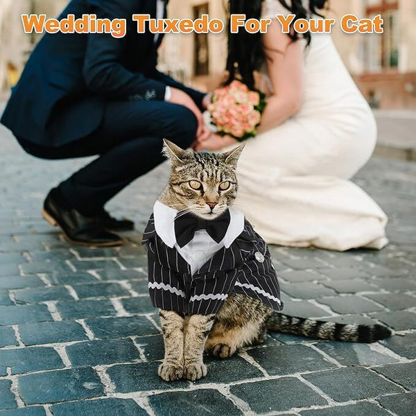 Dog Cat Tuxedo Suit With Bow Tie Formal Black And White Striped Pet Costume Shirt Elegant Wedding Outfit Birthday Party Attire Maltese Dachshund Yorki