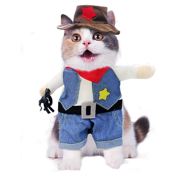 Small Dog Cowboy Costume With Hat 2Pcs Funny Halloween Chucky Costumes Cool West Cowboy Uniform Puppy Denim Overalls Western Cosplay Sheriff Outfits C