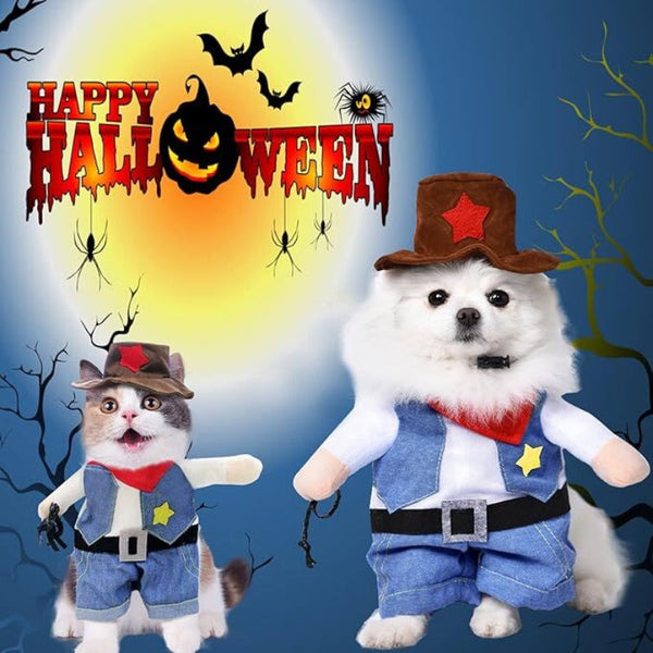 Small Dog Cowboy Costume With Hat 2Pcs Funny Halloween Chucky Costumes Cool West Cowboy Uniform Puppy Denim Overalls Western Cosplay Sheriff Outfits C