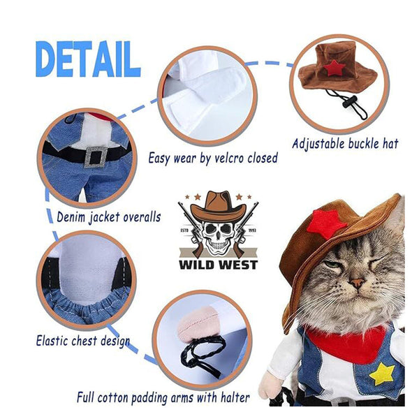 Small Dog Cowboy Costume With Hat 2Pcs Funny Halloween Chucky Costumes Cool West Cowboy Uniform Puppy Denim Overalls Western Cosplay Sheriff Outfits C