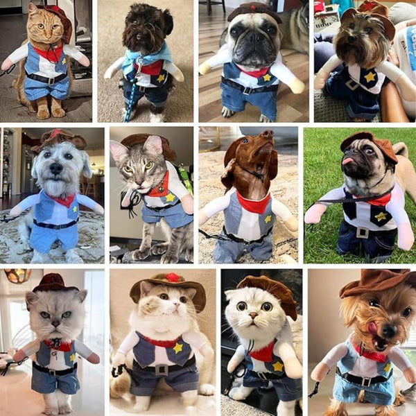 Small Dog Cowboy Costume With Hat 2Pcs Funny Halloween Chucky Costumes Cool West Cowboy Uniform Puppy Denim Overalls Western Cosplay Sheriff Outfits C