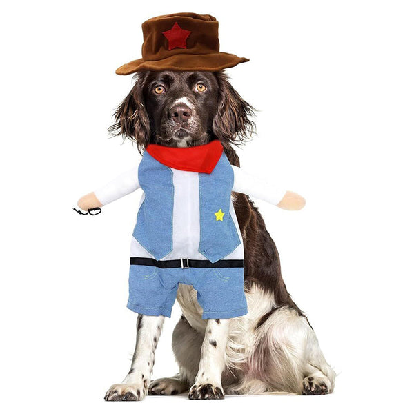 Small Dog Cowboy Costume With Hat 2Pcs Funny Halloween Chucky Costumes Cool West Cowboy Uniform Puppy Denim Overalls Western Cosplay Sheriff Outfits C