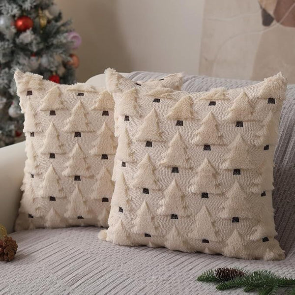 Christmas Pillow Covers 18X18 Inch Set Of 2 Beige Soft Plush Faux Fur Wool Xmas Tree Throw Cases Winter Holiday Decor Cushion Covers