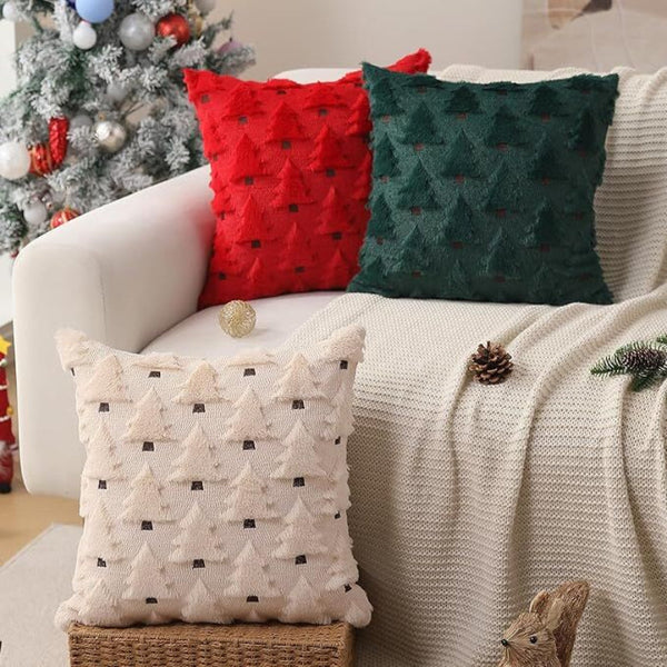 Christmas Pillow Covers 18X18 Inch Set Of 2 Red Decorations Soft Plush Faux Fur Wool Xmas Tree Throw Cases Winter Holiday Cushion Covers