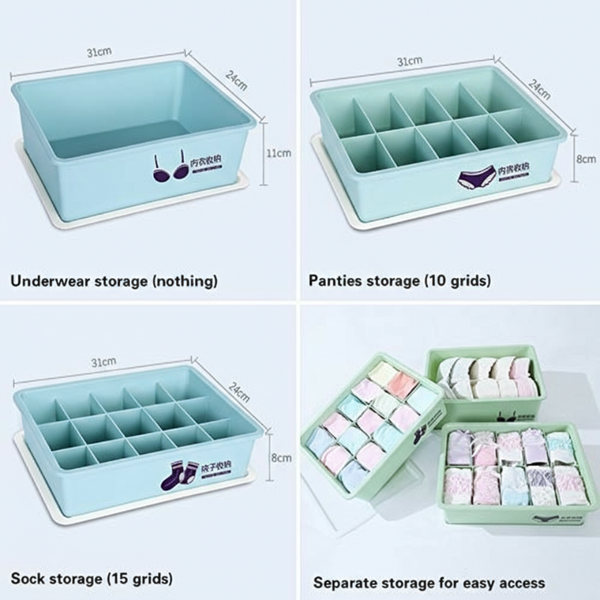 Underwear Panties Socks Storage Box Drawer Organizer 3 Piece Compartment Set Blue Closet Organisers