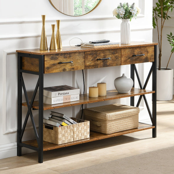 Console Table With 3 Drawers And Tier Storage Shelves Industrial Entryway Hall Tables
