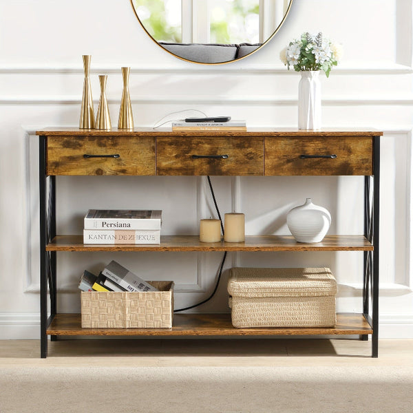 Console Table With 3 Drawers And Tier Storage Shelves Industrial Entryway Hall Tables