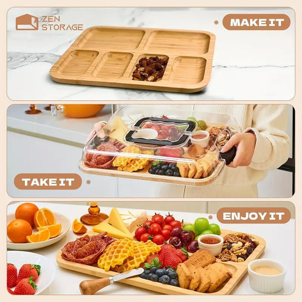 Bamboo Cheese Tray With Acrylic Lid For Serving Charcuterie & Snacks Trays