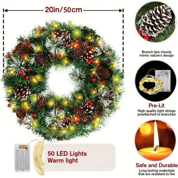 Christmas Wreath Pre Lit Pine Cone Led Decoration Seasonal Decorations