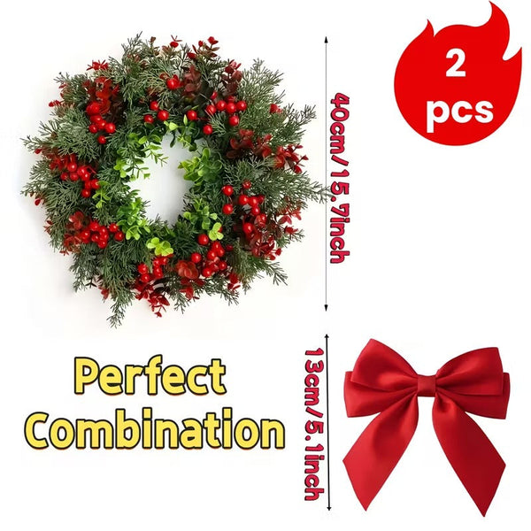 Artificial Christmas Wreath With Red Bow (2Pcs) Seasonal Decorations