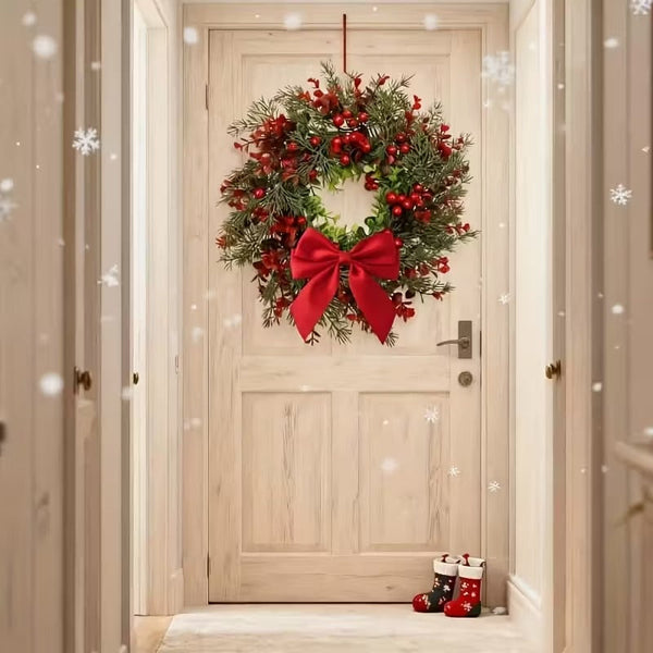 Artificial Christmas Wreath With Red Bow (2Pcs) Seasonal Decorations