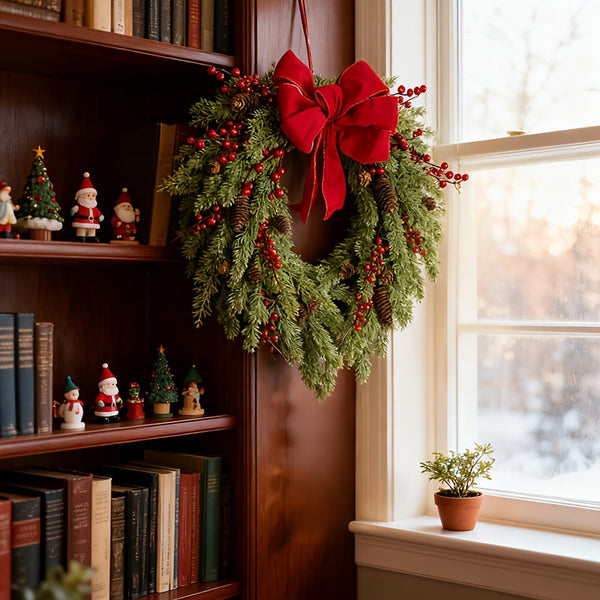 Pine Needle Red Berry Wreath With Heart Bow Seasonal Decorations