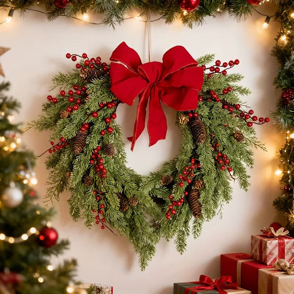 Pine Needle Red Berry Wreath With Heart Bow Seasonal Decorations