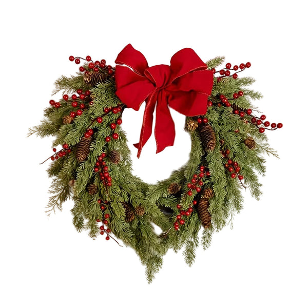 Pine Needle Red Berry Wreath With Heart Bow Seasonal Decorations