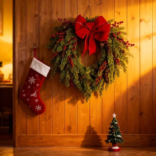 Pine Needle Red Berry Wreath With Heart Bow Seasonal Decorations