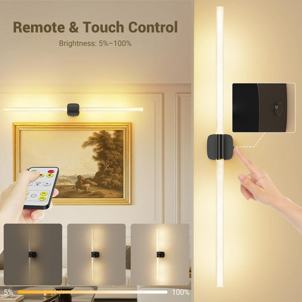 Black Wireless Wall Sconce Set Of 2 Rechargeable Remote Control 360 Rotatable Wall Fixtures