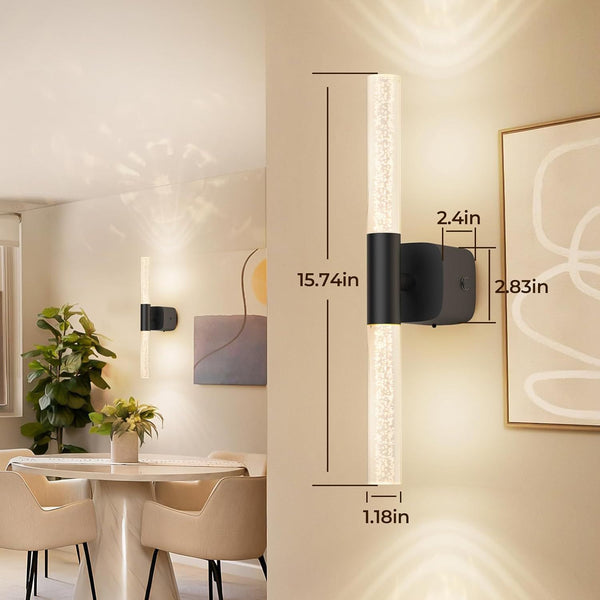 Set Of 2 Black Rechargeable Crystal Wall Sconces 16" Dimmable 350 Rotate Wall Fixtures