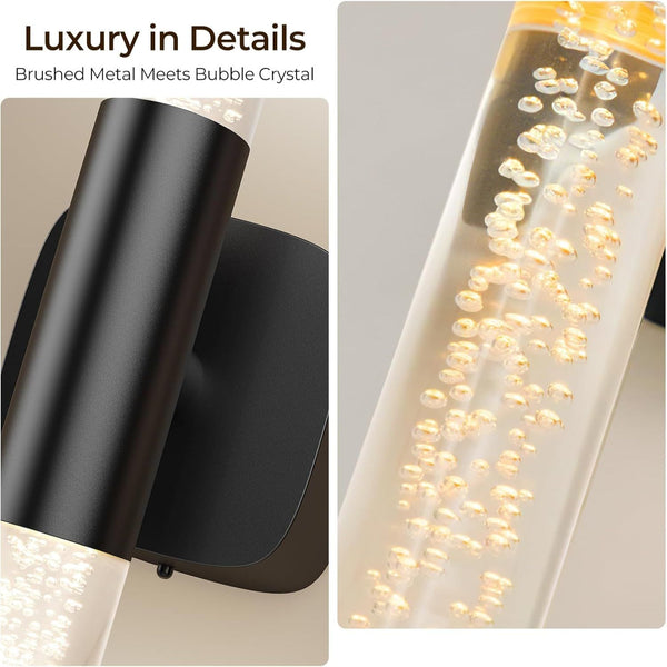 Set Of 2 Black Rechargeable Crystal Wall Sconces 16" Dimmable 350 Rotate Wall Fixtures