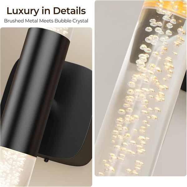 Set Of 2 Black Rechargeable Crystal Wall Sconces Dimmable & 350 Rotate Wall Fixtures