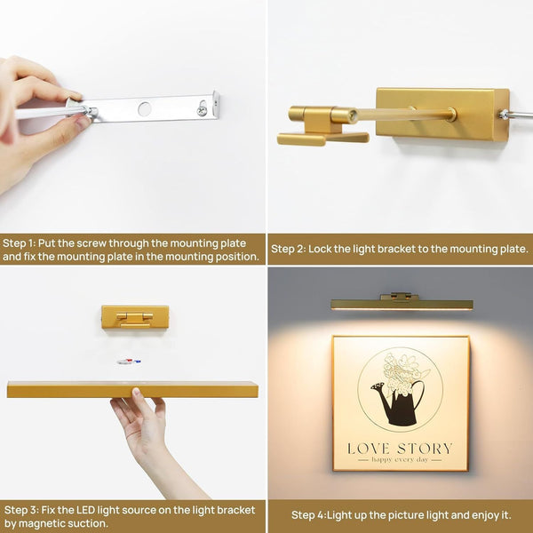 16" Battery Operated Picture Light With Remote Gold Wall Fixtures