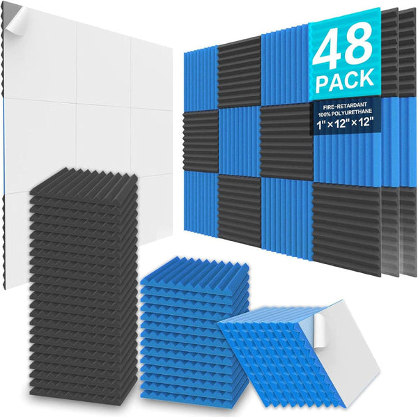 Jber Acoustic Panels Foam Wedges 48Pcs 30X30x2.5Cm Soundproof Wall Padding Black & Blue Acoustic Treatments