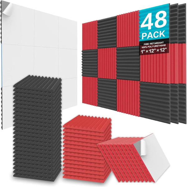 Jber Acoustic Panels Foam Wedges 48Pcs 30X30x2.5Cm Soundproof Wall Black&Red Acoustic Treatments