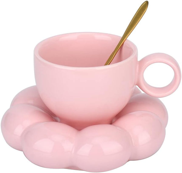 Cute Pink Ceramic Coffee Cup With Saucer Flower Spoon And Sunflower Coaster Cups & Saucers