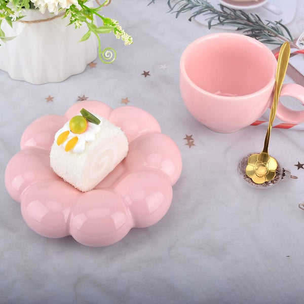 Cute Pink Ceramic Coffee Cup With Saucer Flower Spoon And Sunflower Coaster Cups & Saucers