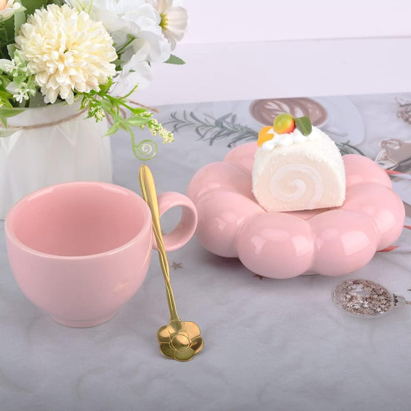 Cute Pink Ceramic Coffee Cup With Saucer Flower Spoon And Sunflower Coaster Cups & Saucers