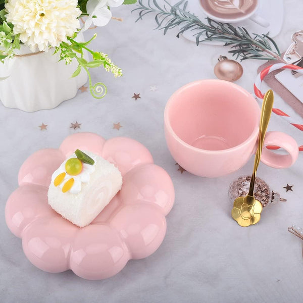 Cute Pink Ceramic Coffee Cup With Saucer Flower Spoon And Sunflower Coaster Cups & Saucers