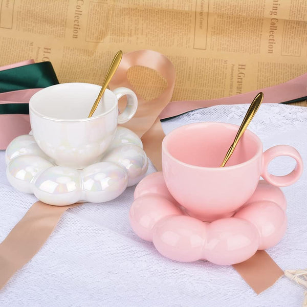 Cute Pink Ceramic Coffee Cup With Saucer Flower Spoon And Sunflower Coaster Cups & Saucers