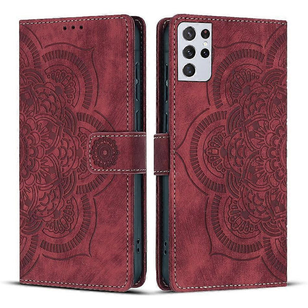Compatible With Samsung Galaxy S21 Ultra 5G Case Red Mandala Embossed Retro Frosted Leather Phone Cover Cases Covers & Skins