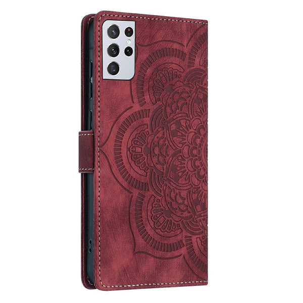 Compatible With Samsung Galaxy S21 Ultra 5G Case Red Mandala Embossed Retro Frosted Leather Phone Cover Cases Covers & Skins