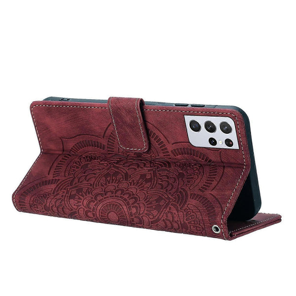 Compatible With Samsung Galaxy S21 Ultra 5G Case Red Mandala Embossed Retro Frosted Leather Phone Cover Cases Covers & Skins