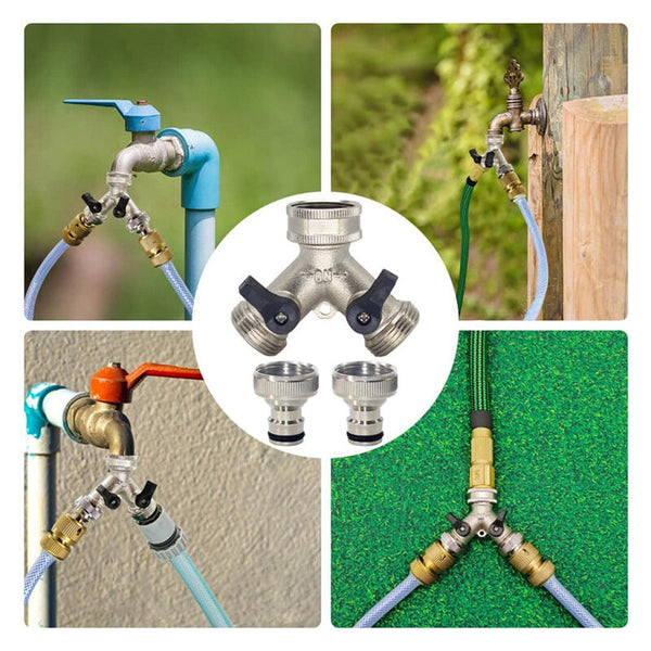 2 Way Brass Hose Splitter With Quick Connect For 3/4" Garden Hoses