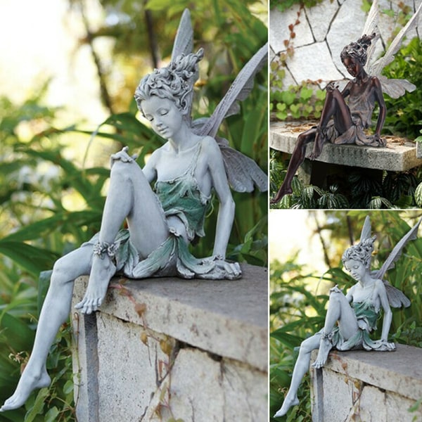 Resin Sitting Fairy Statue Garden Ornament Porch Sculpture White Figurines