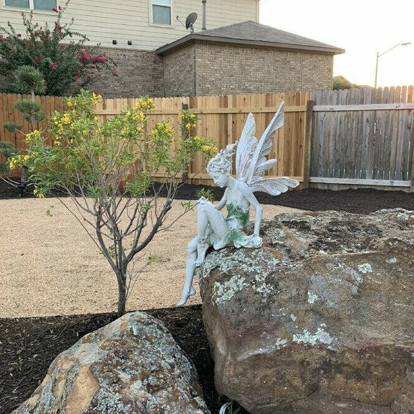 Resin Sitting Fairy Statue Garden Ornament Porch Sculpture White Figurines