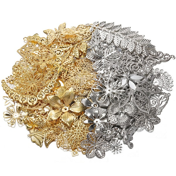 50G/Lot Mixed Metal Flower Petals Filigree Wraps Clutches White Charms & Pendants