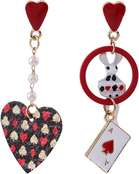 Red Heart Queen Poker Asymmetric Gambling Casino Chic Jewelry Earrings