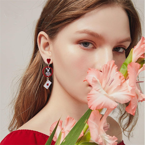Red Heart Queen Poker Asymmetric Gambling Casino Chic Jewelry Earrings
