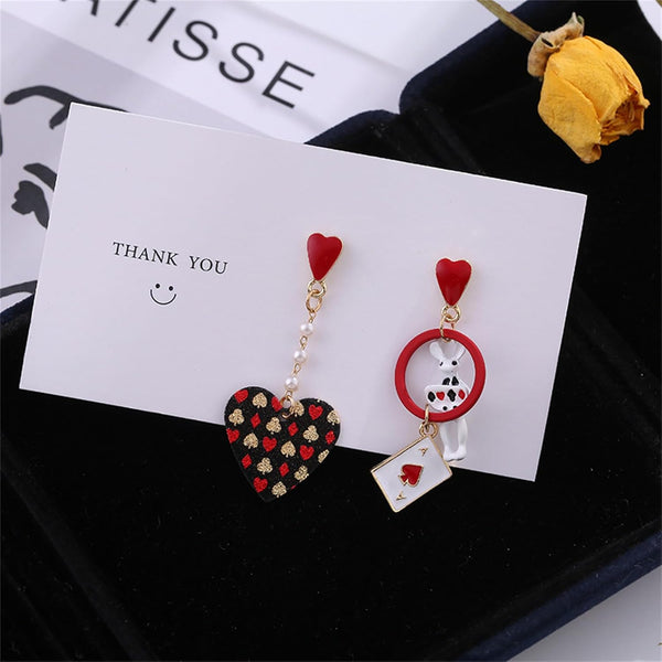 Red Heart Queen Poker Asymmetric Gambling Casino Chic Jewelry Earrings